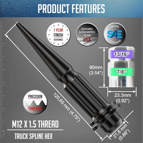 Image of Wheel Accessories Parts 24 Pcs M12x1.5 12x1.5 Thread ET Spline Spike 4.75 inch Long Black Truck Spline Hex Fits Toyota Tacoma
