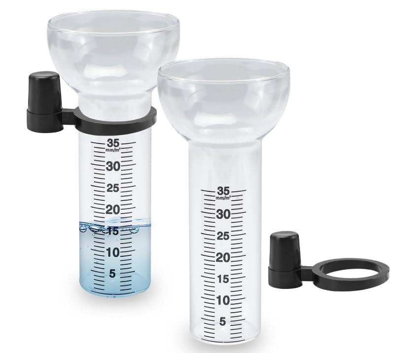 Vunanvu 2 Stück Regenmesser Glas 35 mm/m² Niederschlagsmesser Garten mit Halterung Regenmesser Ersatzglas Frostsicher für Garten Regen Messbecher für Außen Regenmenge Messen Regenwassermesser