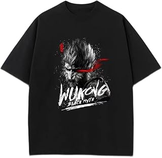 [Tekelly] 黒神話悟空模様、綿の用途の広い黒の半袖Tシャツ