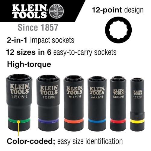 Klein Tools 66010 2-in-1 SAE Impact Socket Set, 6-Piece Tool Set with 12-Point Deep Sockets with 1/2-Inch Drive, Includes Tool Case