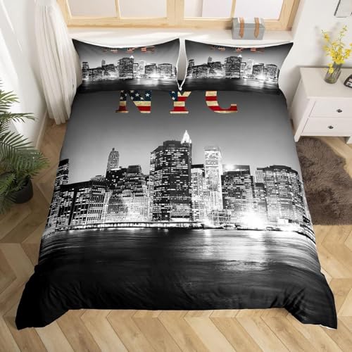 Housse de Couette 220x240 New York Parure de Lit 2 Personnes Etats-Unis Microfibre Douce Housses Couettes avec 2 Taies d'oreiller avec Zippée, C2051