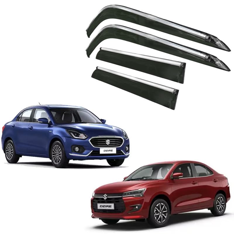 Image of CAR SAAZ Side Door Visors for Swift Dzire Type 6(2021-Present)(Set of 4Pcs)|Chrome Lined Rain Guards, Polycarbonate, Smoke Finish