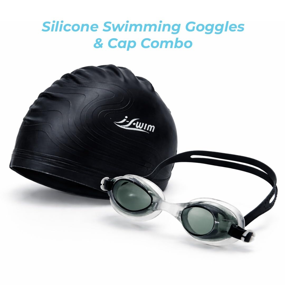 I-Swim Swimming Goggle and Cap Set | For Men & Women's | Material: Silicone | Protecting Hair from Chlorine | Anti-Fog, Leak-Proof Design with Comfortable Fit and UV Protection | Color: Black 4