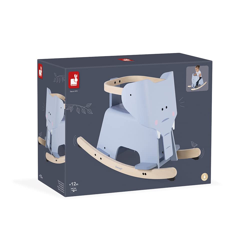 Janod - Elefante Basculante in Legno - Giocattolo Prima Infanzia - per Migliorare L’Equilibrio - Sistema Anti-Basculante, Poggiapiedi, Sella Rimovibile e Arco di Sicurezza - da 1 Anno in su, J08024
