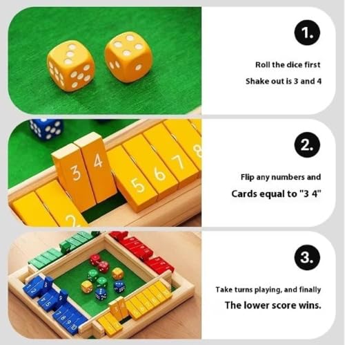Image of 8 Dice Shut The Box Wooden Board Game - Classic 4-Sided Pub Game for 2-4 Players - Fun Family Tabletop Toy for Learning Numbers with Dice & Instructions