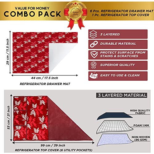 Image of Polyester 3-Layered Fridge Top Cover /Refrigerator Cover with Utility Pockets and Set of 6 Pc Fridge Mats (Color-Leaf Maroon, Size-39x21 Inch)