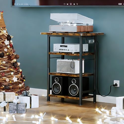 Homeiju 4-Tier AV Media Stand with Power Outlet, Wooden Record