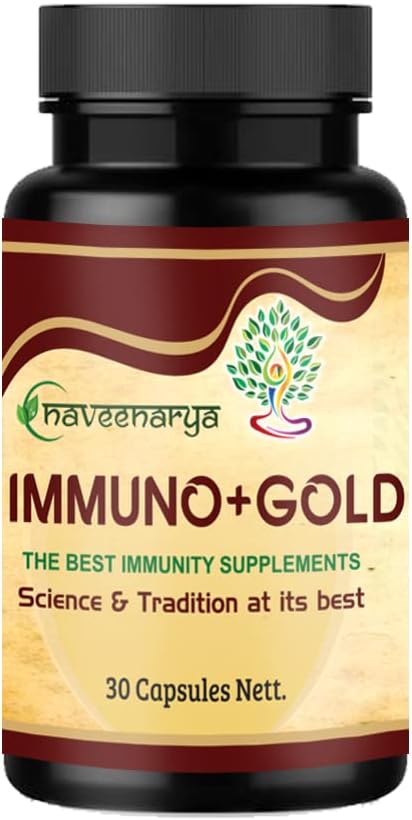 Ayurveda Yogasharm Immuno+ Gold Immunity Booster Capsules | Goodness of Swarna Bhasam,Giloy, Tulsi, Ashwagandha | Rich in Antioxidants | 30 Veg Capsules | Approved by Ministry of Ayush