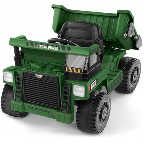 ELEMARA Ride on Construction Vehicles for Kids, Electric Truck with Dump Bed, Shovel, 12V 9AH Ride on Car with Remote, Phone Stand, Bluetooth, Music, Motorized Car, 4.0MPH, Kid Driving Car Truck-Green