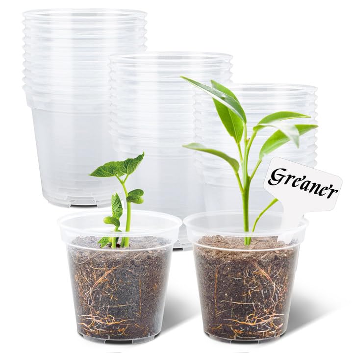 GREANER 4 Inch Reinforced Clear Nursery Pots, 30 Packs Seed Starter Pots for Indoor Outdoor Plants, Flexible Seedling Pots with 20 Plant Labels and Drainage Holes- Transparent — image 1