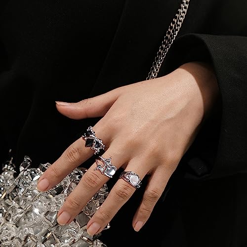Sanfenly 15 Pcs Y2k Rings For Women Irregular Adjustable Open Ring Vintage Punk Grunge Gothic Goth Moonstone Star Thorn Heart Cross Bud Bow Ring Set2