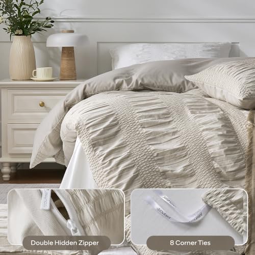 Image of JELLYMONI Seersucker Duvet Cover Set King, 3pcs Oatmeal-Wide Polyester | In Spacious Master, Couples & Pets, Crinkled Texture, Oeko-Tex Certified, 8 Corner Ties & Hidden Zipper