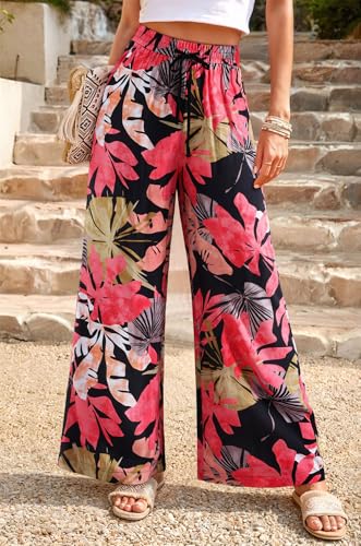 NIMIN Women Wide Leg Palazzo Pants High Waisted Casual Flowy Lounge Pants Floral Solid Beach Trousers with Pockets2