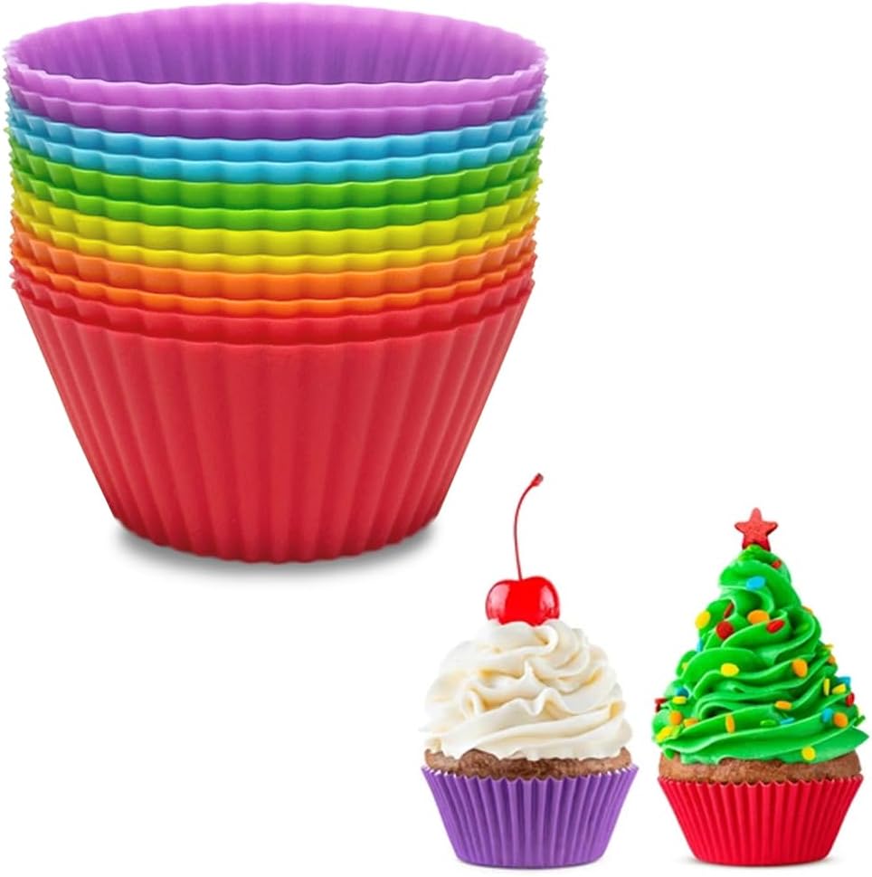Reusable Silicone Baking Cups Set, Non-stick Muffin Liners Cake Cup Mold, BPA-free, Round 2.75 inch, 12 Pack 6 Colors - Red, Orange, Yellow, Green, Blue, Purple 12 Pack Multicolor