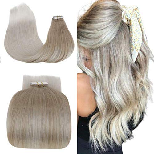 Tape in Extensions Highlighted Color Light Golden Brown to Light Blonde Glue in Hair Extensions Waterproof Double Sided Tape 20Pcs 50g/Pack (14 Inch, 18/60)