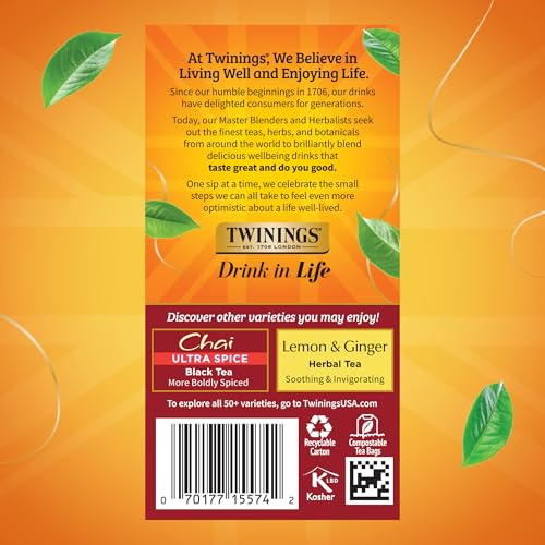 Image of Twinings Chai Black Tea Individually Wrapped Bags, 20 Count (Pack of 1), Sweet, Savoury Spices, Caffeinated, Enjoy Hot or Iced, 20 Teabags