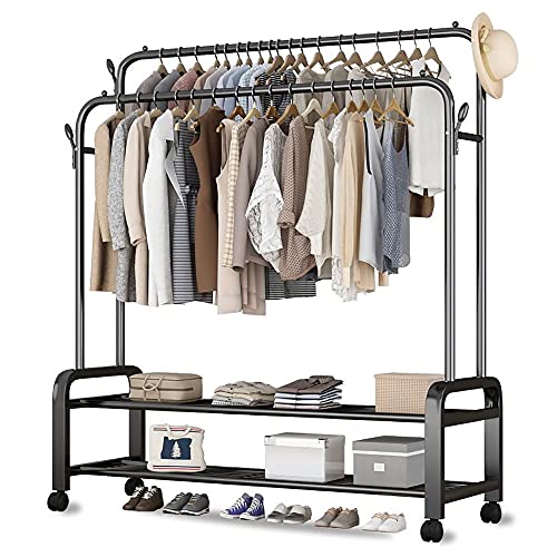 Portant à vêtements avec roulettes penderie métal double étagère pour rangement chaussures et sacs