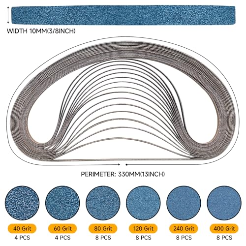 Image of 40-Piece Premium 3 /8 x 13 Inch Zirconia Sanding Belts 40-400 Grit | 10x330 MM, Heavy Duty, Long-Lasting, Wood Metal Grinding and Finishing for Mini Bandfile Belt Sander