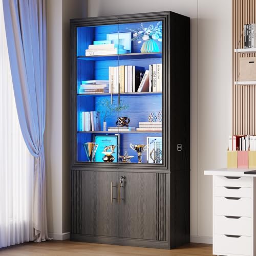 Glass Door Bookcase with LED Lighting