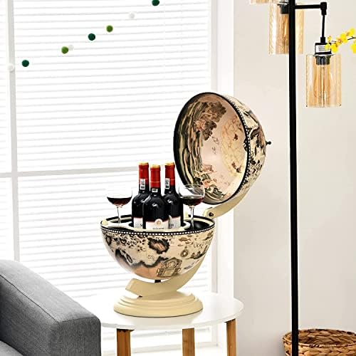 TANGZON Globe Shaped Wine Stand, Tabletop Mini Bar Drinks Cabinet, Retro Nautical Chart Beverage Wine Spirits Champagne Storage Holder for Home Kitchen Living Room Cellar (Beige)