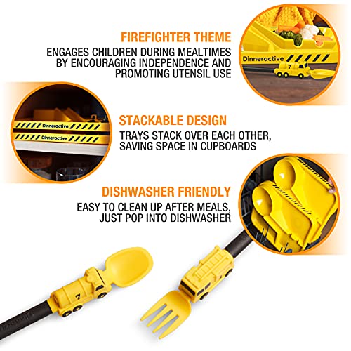 Dinneractive Dining Set For Kids - 3Pc Yellow Firefighter Dinnerware - Fire Truck Utensils - Toddler Plates - Baby Dishes #TOP3
