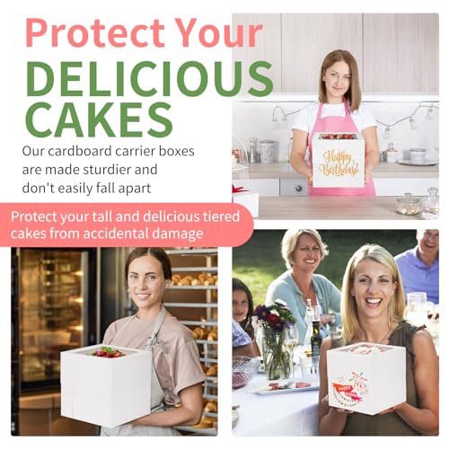 Moretoes 12 Pcs Cake Box, Tall Cake Boxes with Window in 3 Sizes 12x12x12 10x10x10 8x8x8 Inches, Bakery Boxes Disposable Carrier Take Out Container, 2 or 3 Tier for Valentine's Day Mother's Day by Moretoes - Used condition - Image 7