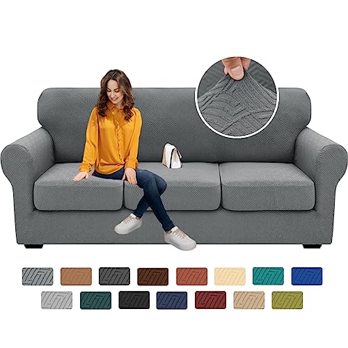 XINEAGE 2025 New 4 Pieces Couch Covers for 3 Cushion Couch Super Stretch Thick Soft Sofa Cover Anti Slip Sofa Slipcover Dogs Cats Furniture Protector (Light Gray, 71″-91″)