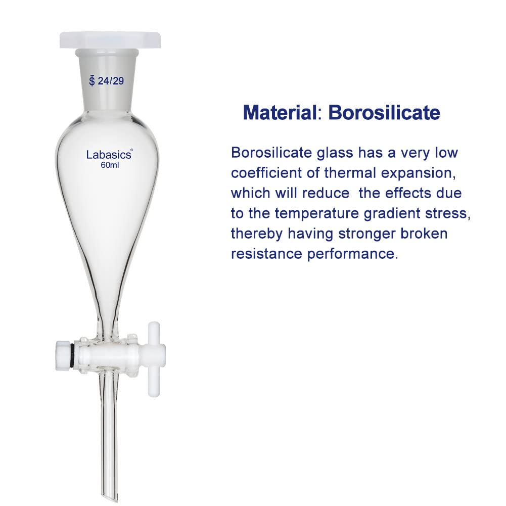Labasics Entonnoir Conique de Séparation en Verre Borosilicate Paroi Épaisse avec Joints 24/29 et Robinet PTFE, 60 ml