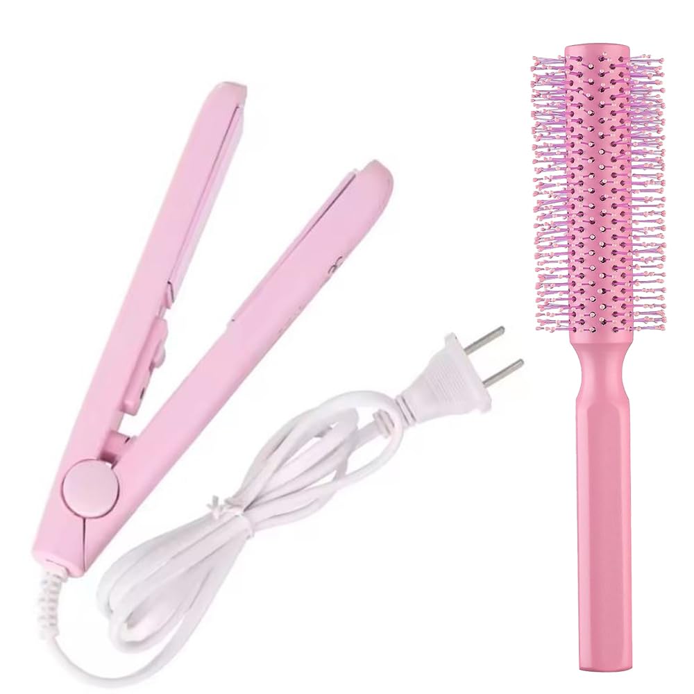Mini Hair Straightener For Women Small Size Electric Hair Straightening Machine Ceramic Plate Fast Heat Up Portable Hair Styling Accessories With Hair Rolling Brush,Pink-image-37