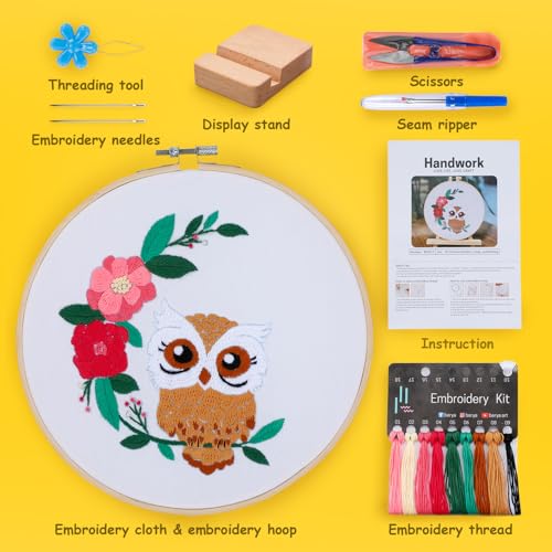 Image of BERYA Owl Embroidery Kit, Embroidery Kit for Adult, Owl Pattern Practice Kit, Including Video Step by Step Instructions, Embroidery Hoop, Cloth, Needles and Thread for DIY Craft Lover (BEO013)