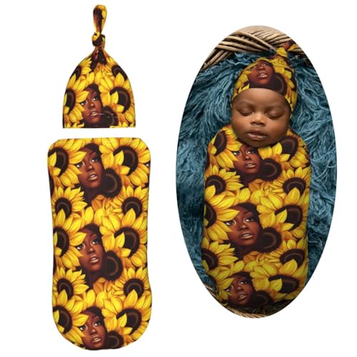 Image of Woman and Sunflowers Newborn Swaddle Blankets Hat Sets Soft Baby Receiving Blanket Swaddle Sack for Baby Shower Infant Boy Girl Gift