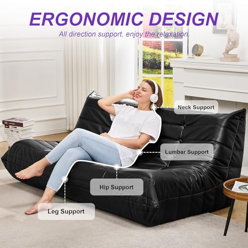 Image of Hobestluk Bean Bag Chair Giant Bean Bag Sofa 3 Seater Bean Bag Chairs for Adults, Loveseat Floor Chair, Leather Bean Bag Chairs for Living Room Bedroom Office (Black, 3-Seater)