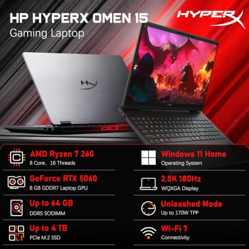 Image of HP HyperX Omen 15 5060 AMD Ryzen 7 260 Gaming Laptop, 16GB DDR5 + 1TB SSD
