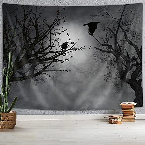 Mystic Fog Forest Tapestry Gothic, Birds at Branches On Creepy Jungle at Deep in Dark Forest Tapestry Wall Hanging, Halloween Tapestry Blanket Wall Decor for Bedroom Living Room Dorm, 71X60IN