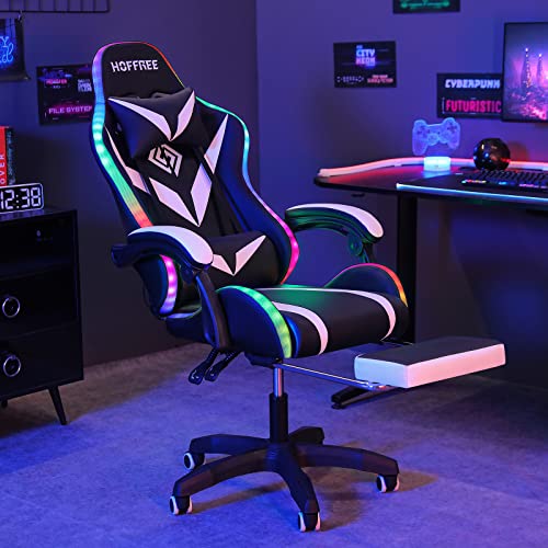 HOFFREE Gaming Chair Massage with Bluetooth Speakers and Led Lights Ergonomic Computer Gaming Chair with Footrest RGB Video Game Chair with High Back Lumbar Support White and Black — view 5