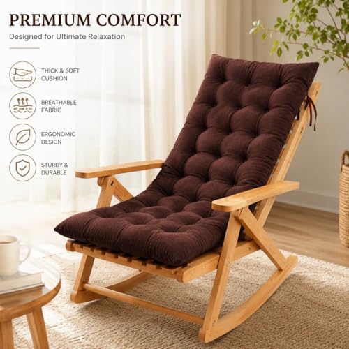 Image of KYNE Rocking Chair Cushion 18 x 50 Inch Thick Tufted Chair Cushion with Backrest and Seat Pad Soft Premium Fabric Polyester Filling Non Slip Indoor Outdoor Rocking Chair Replacement Cushion (Brown)