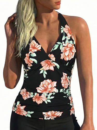 Haut de tankini col en V pour femmes avec motif floral et noir en taille 14