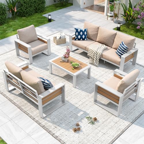 Aoxun Aluminum Patio Furniture Set, 5 Piece Luxury Outdoor Sectional with 6' Olefin Fabric Cushions, Patio Conversation Sets with Coffee Table and Waterproof Cover for Backyard, Porch Beige