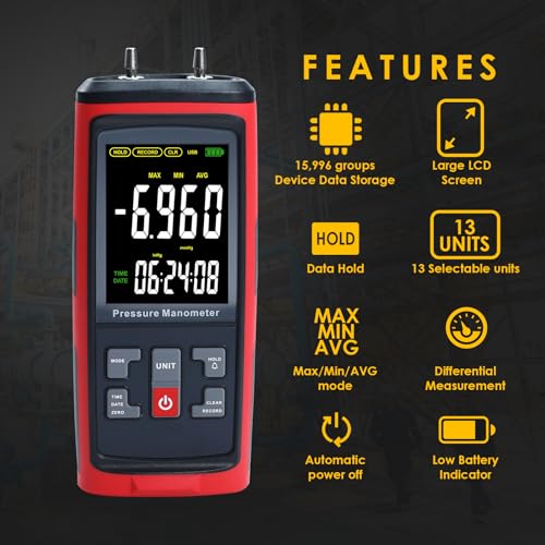 Manometer Datenlogger Digital Manometer Gasdruckprüfer mit ±200inH2O Messbereich, Differenzdruckmessgerät, 13 wählbare Einheiten, Manometer HVAC mit großem LCD-Bildschirm