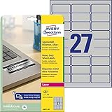 AVERY Zweckform L6011-20 Typenschild Folienetiketten (540 Aufkleber, 63,5x29,6mm auf A4, extrem stark selbstklebend, strapazierfähig, wetterfest, bedruckbare Klebefolie, blanko) 20 Blatt, silber