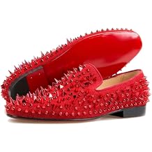 FERUCCI Men Red Velvet Slippers Loafers Flat with Red Spikes Rivets