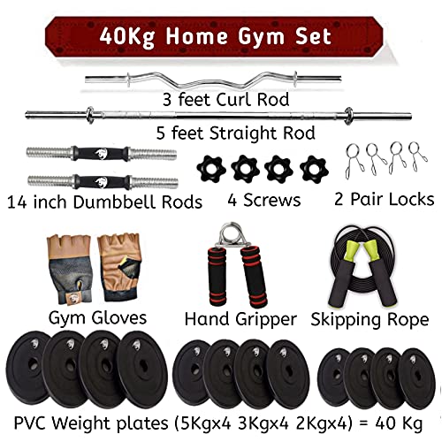 Image of BULLAR Home Gym Set, Home Gym Combo, Home Gym Equipments for Men, Home Gym Kit with 40Kg PVC Weight Plates, 5ft Straight Rod and 3ft curl Rod, 1 Pair Dumbbell rods & Accessories