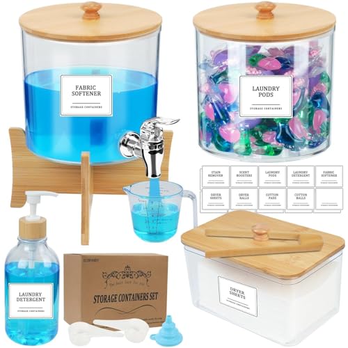 7L Laundry Detergent Storage Set, 10PCS Washing Pods Storage Container Fabric Softener Dispenser with Labels and Bamboo Lids&measuring Cup, Large Capacity Laundry Pods Storage Container with Stand