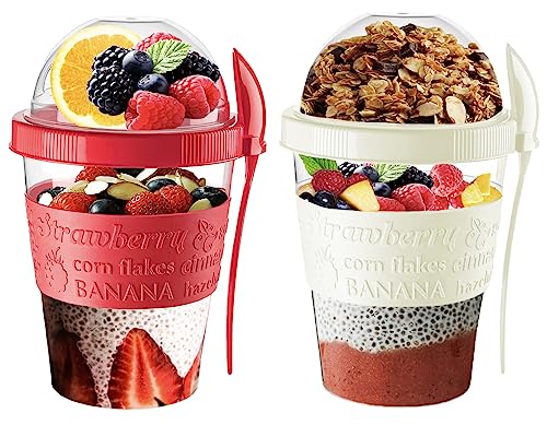 vingardium leviosa Yogurt Pots Reusable 20 Oz Overnight Oats Container with Lid & Spoon BPA free Breakfast Pots to GO Cereal On the Go Dishwasher Safe Lunch Oatmeal Jars (Set of 2 (Red, Cream))