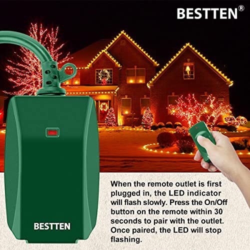 Bestten Remote Control Outdoor Outlet Switch With 6-Inch Heavy Duty Power Cord, 15A/125V/1875W, Etl Certified, Green #TOP4