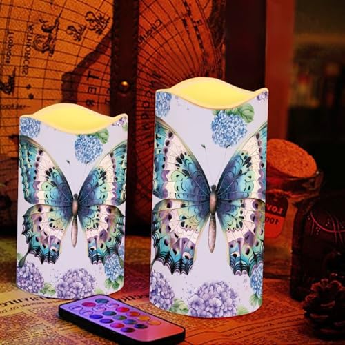 Image of Butterfly Hydrangea Plastic Flameless Candles with Remote Control and Timer LED Flickering Battery Operated Color Changing Electric Pillar Candles Decoration