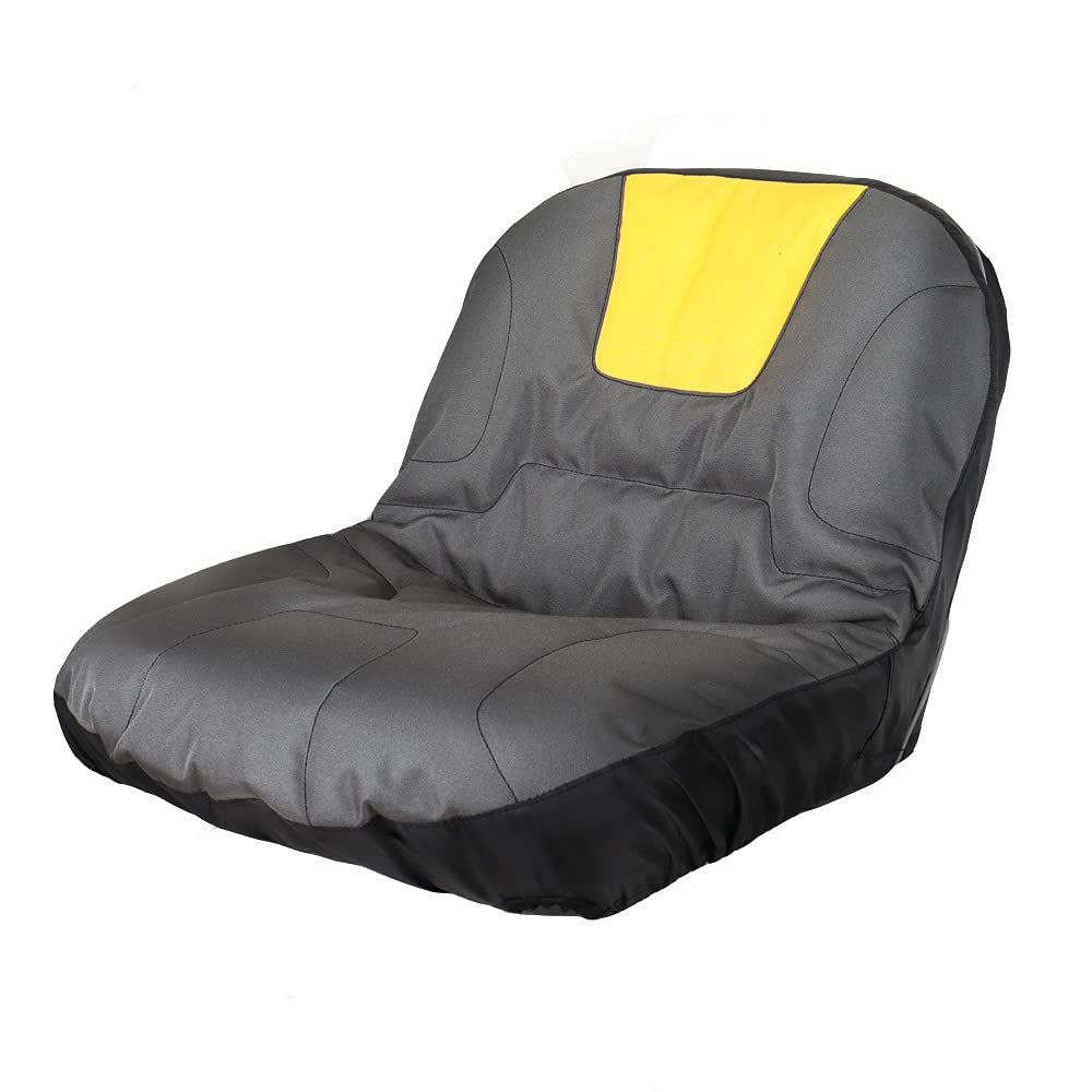 Cubierta de Asiento Tractor Cortacésped Conductor, Tela Oxford 600D, Gris Y Amarillo, Ajuste Personalizado, Cojín Acolchado y Bolsillos Traseros