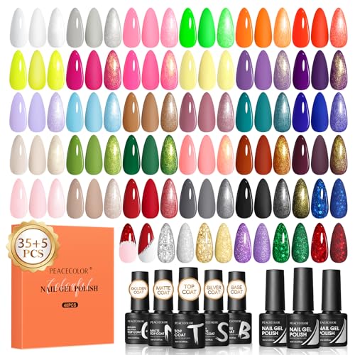 Peacecolor 40PCs Gel Nail Polish Set 35 Neon Colors Red Green Pink Yellow Gel Polish with 5Pcs Glossy/Matte/Glitter Top Base Coat Long Lasting Nail Gel Kit Gifts for Women DIY Home Salon