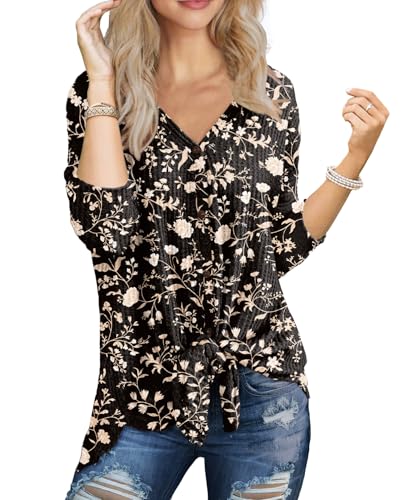 IWOLLENCE Trendy Western Floral Long Sleeve Tops for Women Waffle Knit Breastfeeding Postpartum Shirts Seniors Casual Button Down Tunic Blouse Black Apricot Flower, 2XL