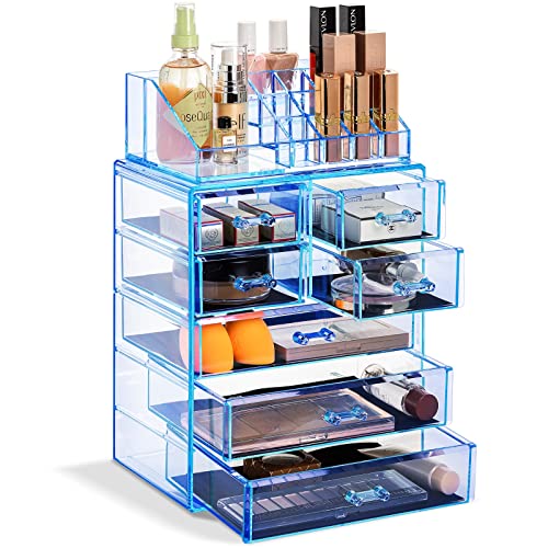 Image of Sorbus Acrylic Makeup Organizer Set, 7-Drawer Vanity & Countertop Cosmetic Storage with Small & Wide Compartments, Blue Brilliance Makeup Storage for Brushes, Jewelry - Holiday Gift for Women & Teens
